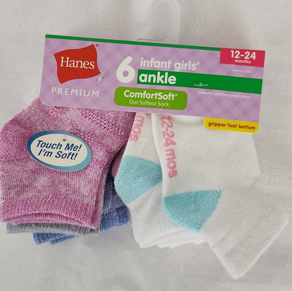 ✨️💕NWT Hanes Premium baby girl ankle socks 6 pairs pink blue soft 12-24 months